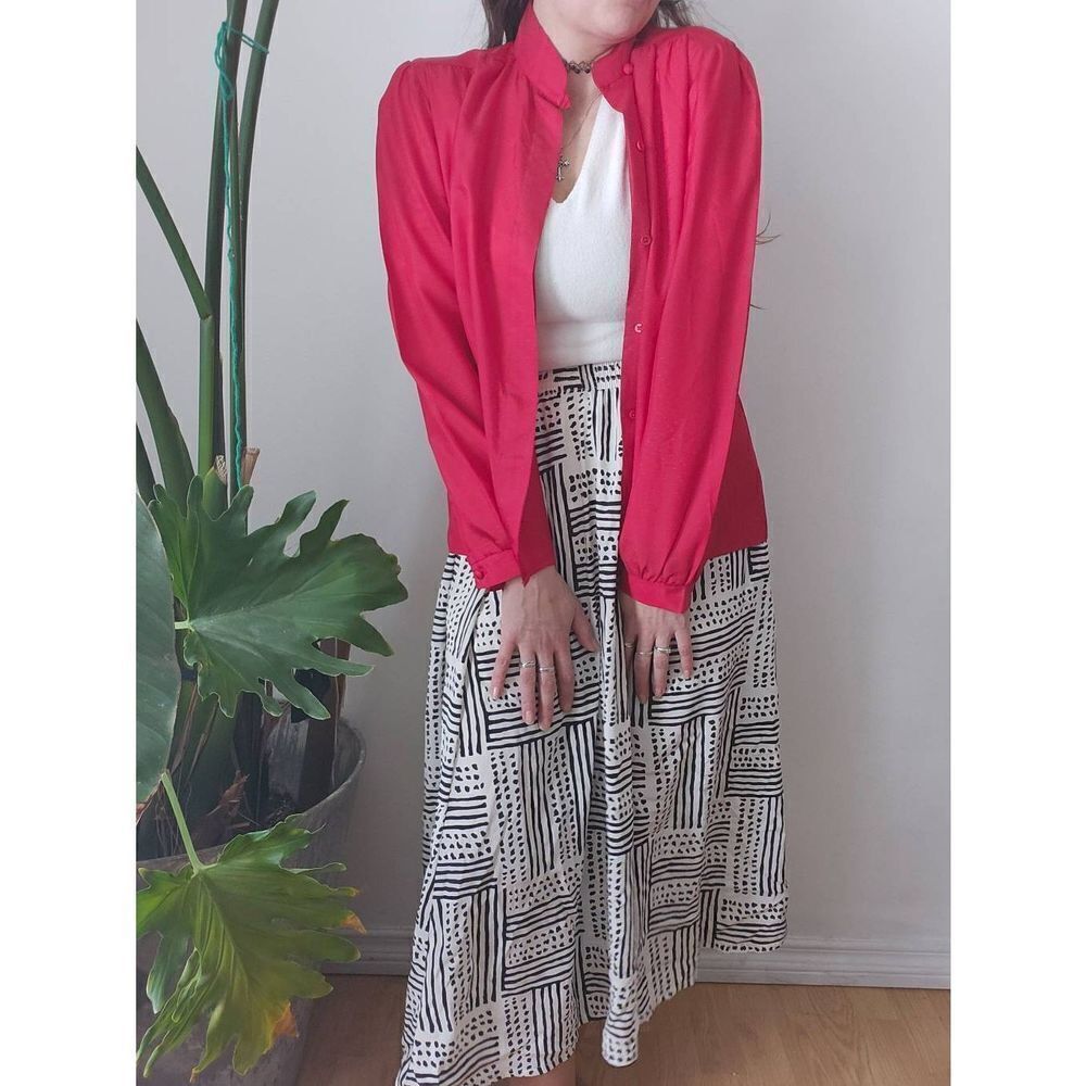 70s Red Collared Button Up Shirt Blouse Polyester Vintage 14 - Picture 2 of 5